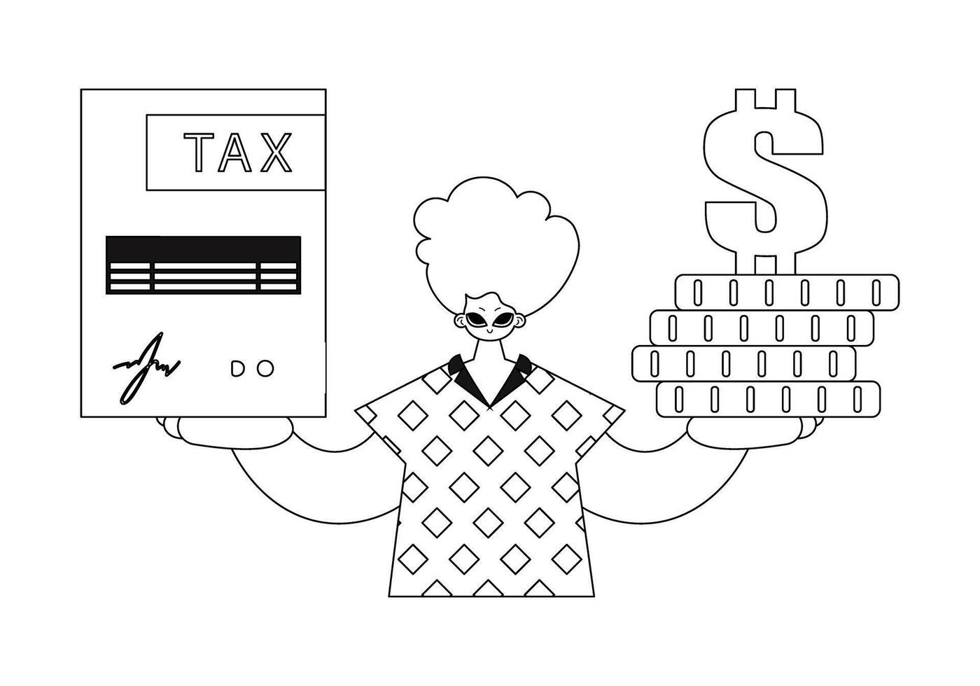 Guy holds tax return and stack of coins in hands. Drawn linearly in vector form.