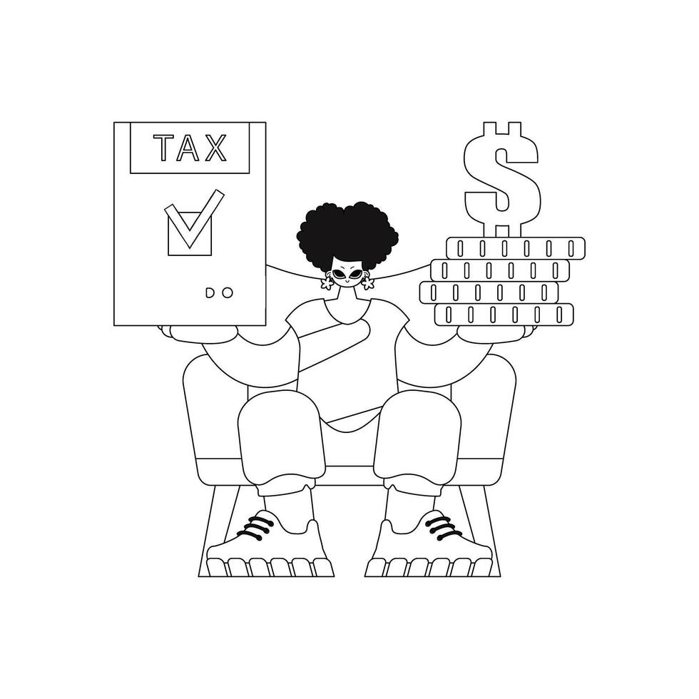 Girl holds tax return stack of coins in hands. linear illustration in vector style.