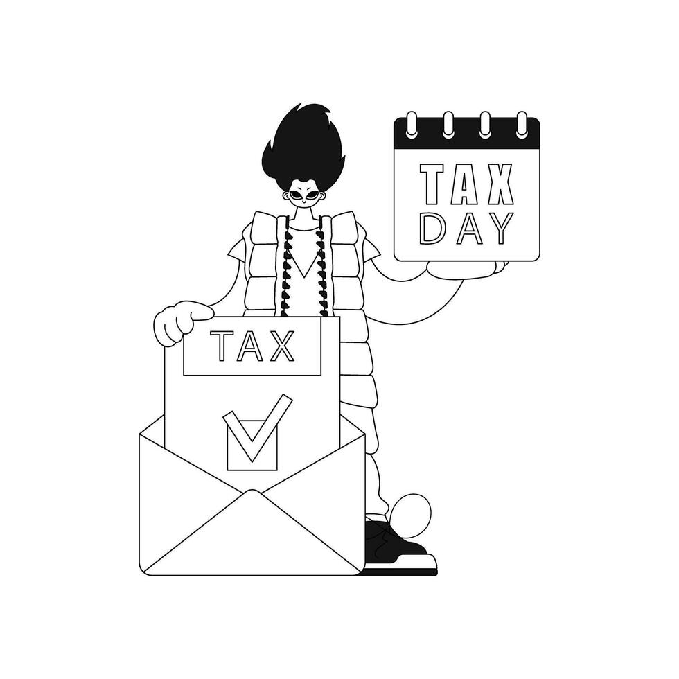 Man holds a calendar, letter with tax notification. Linear, illustration. vector