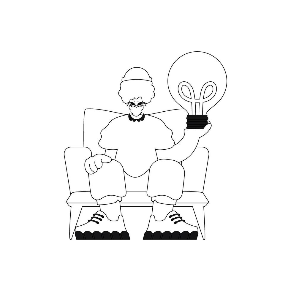 Man holding lightbulb, concept of ideas. Linear vector illustration.