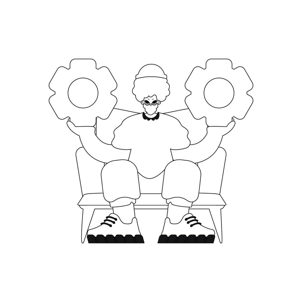 Man has gears in hands. linear vector illustration.