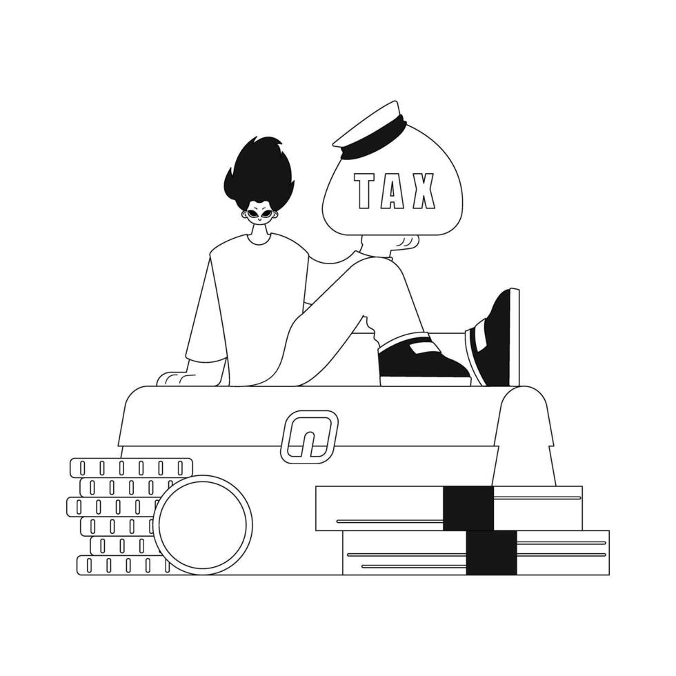 Guy sits on a pile of cash and hold a bag. Tax deadline. Linear design. image. vector