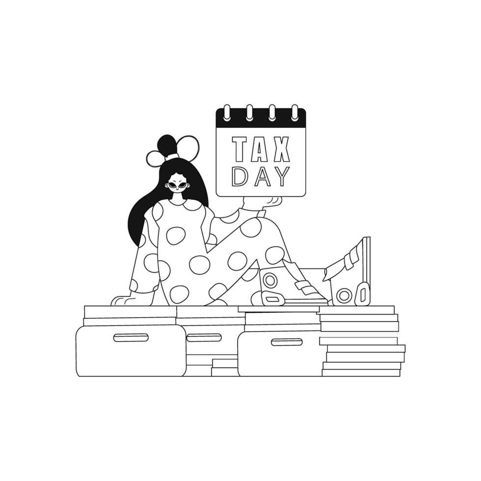 Girl on documents holds calendar Tax Day. Linear vector illustration.