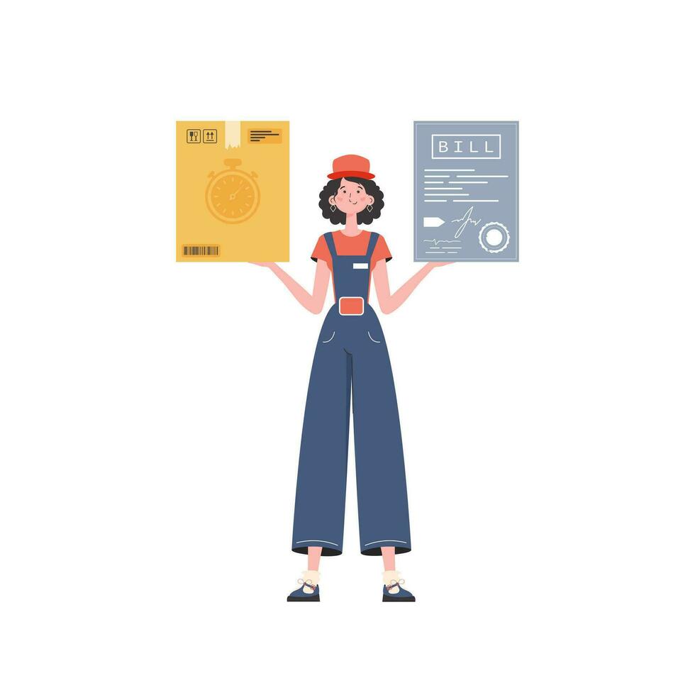A woman courier is holding a parcel and a check. Home products. Food delivery. Isolated. trendy style. Vector. vector
