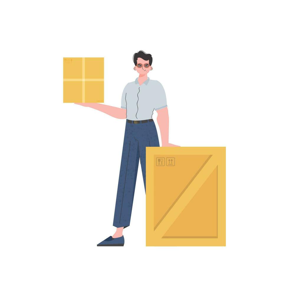 A man stands and holds a parcel. Delivery concept. Isolated. Flat modern design. Vector. vector