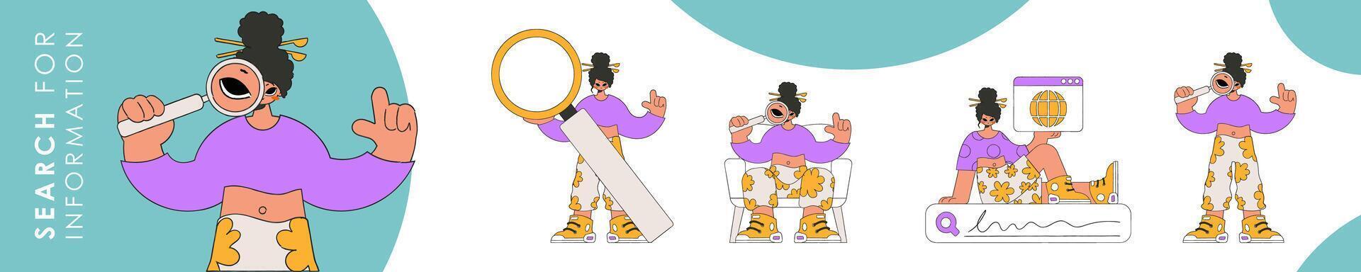 Set of character illustration for information search theme. Collection of scenes with a girl holding a magnifying glass and looking for information. Linear retro style character. vector
