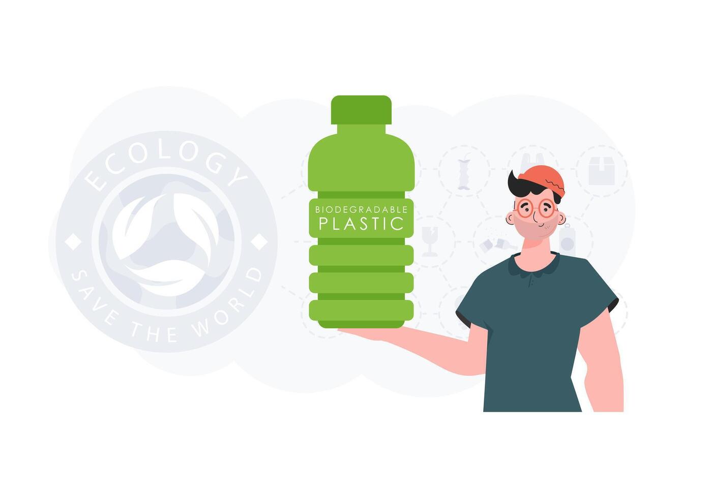 The concept of ecology and care for the environment. The guy holds a bottle of biodegradable plastic in his hands. Fashion trend illustration in Vector. vector