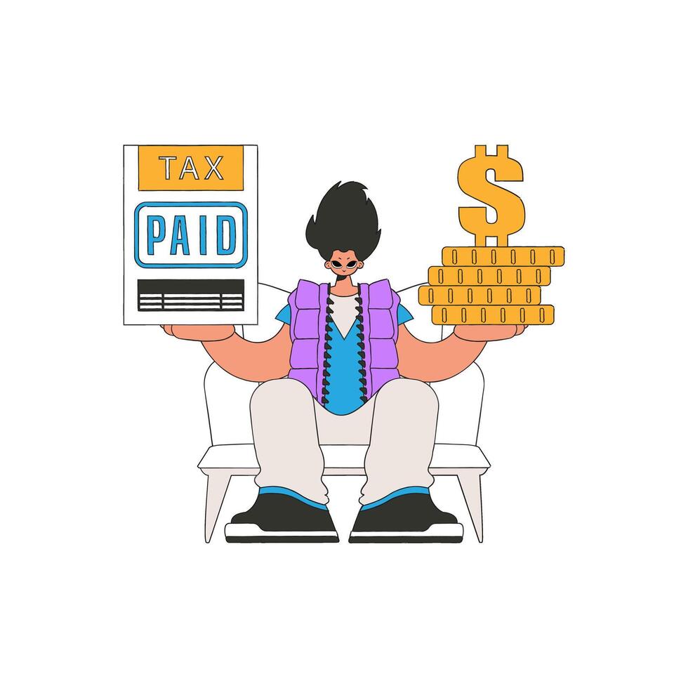 An elegant man holds a tax form and coins in his hands. The topic of paying taxes. vector