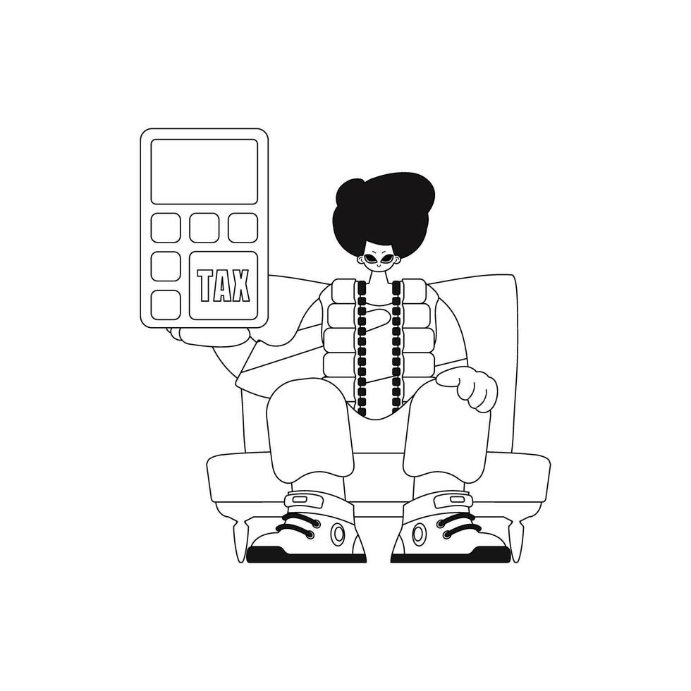 Man grips calculator. Linear vector illustration.