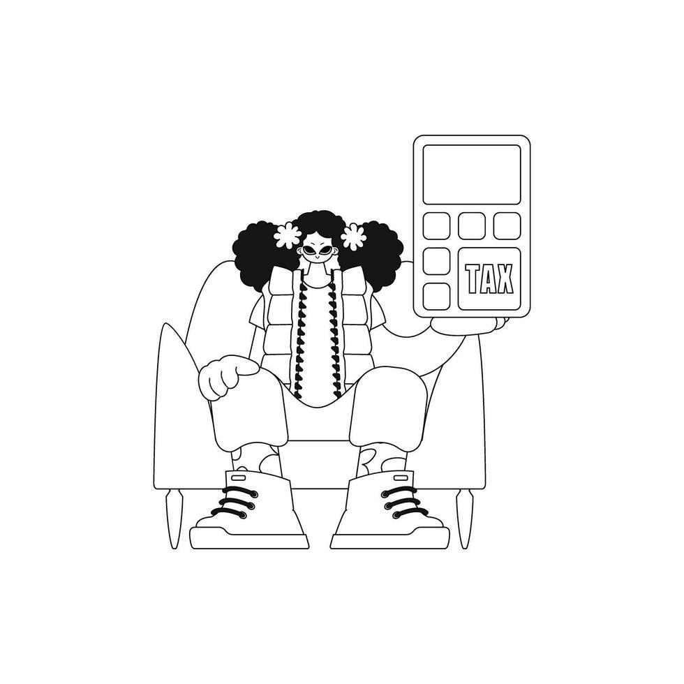 Girl holds calculator. Linear vector illustration.