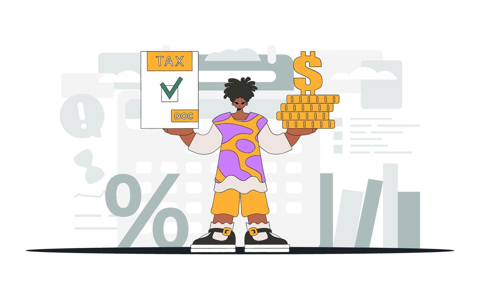 An elegant man holds a tax form and coins in his hands. An illustration demonstrating the importance of paying taxes for economic development. vector
