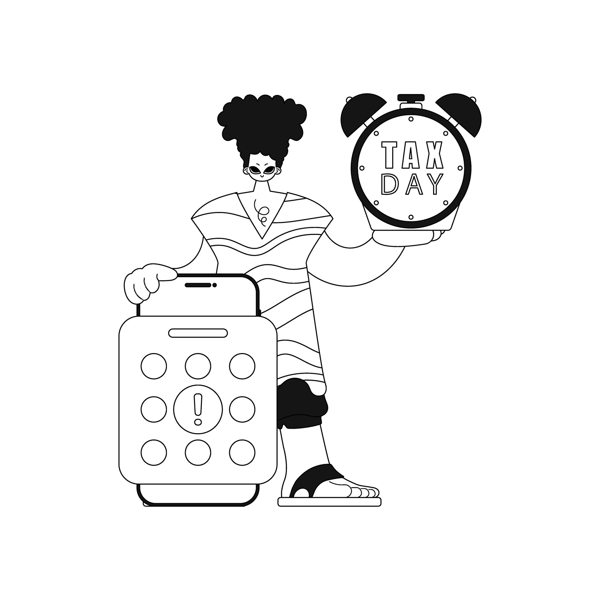 Guy Calendar And Alarm Clock Taxes Due Linear Vector Illustration guy-calendar-and-alarm-clock-taxes-due-linear-vector-illustration