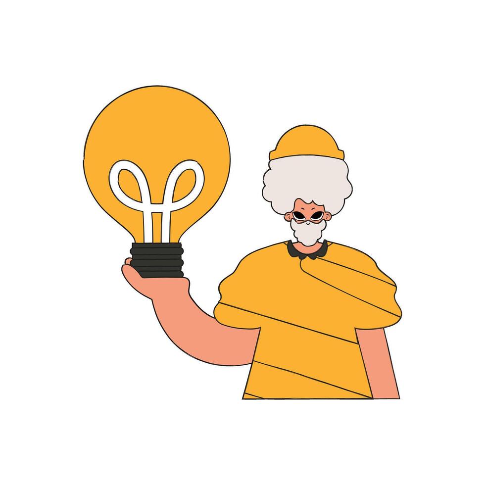 Gorgeous guy holding a light bulb. Idea theme. vector