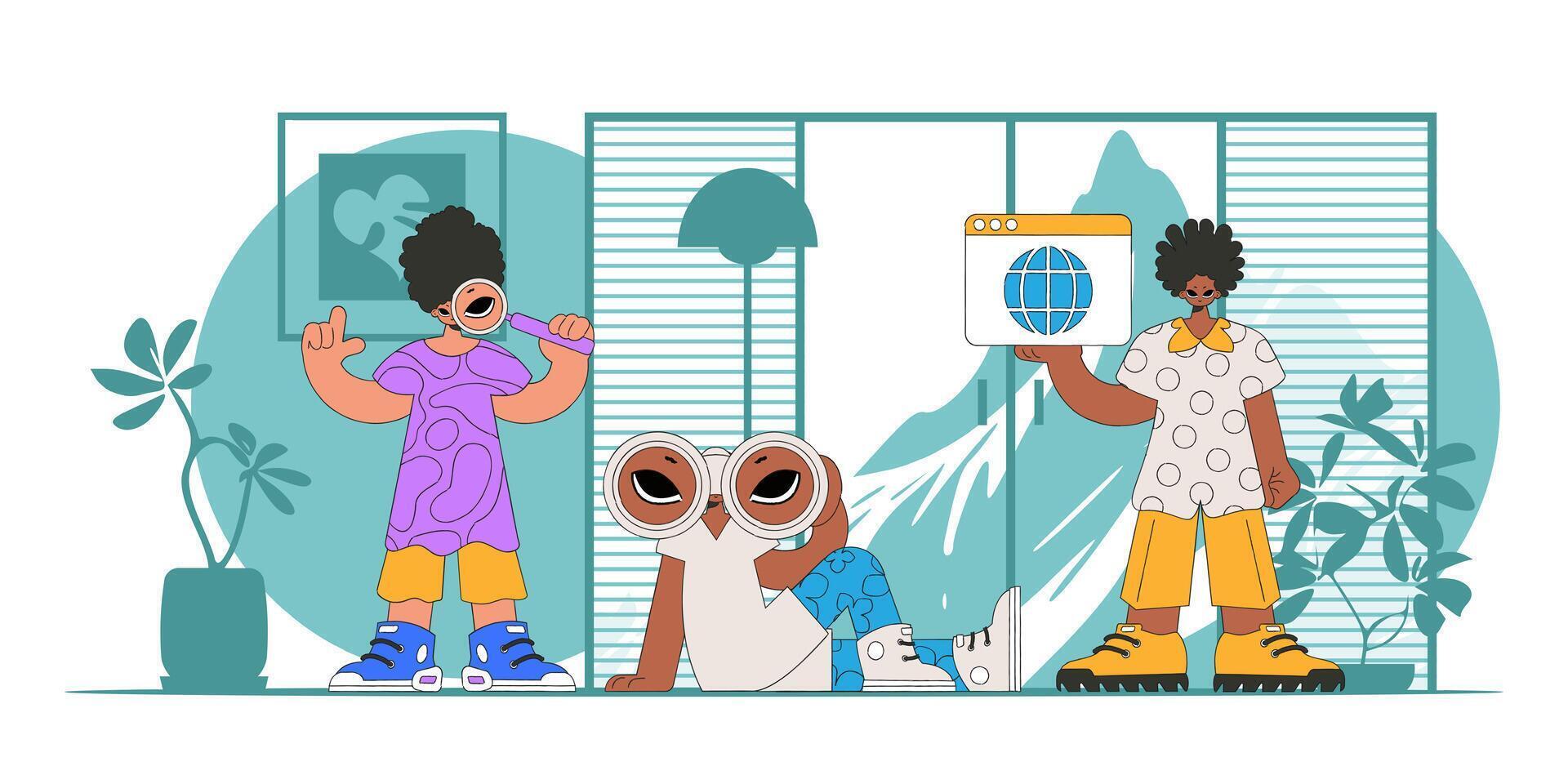 A team of people help find information on the internet. Bright trend character. vector