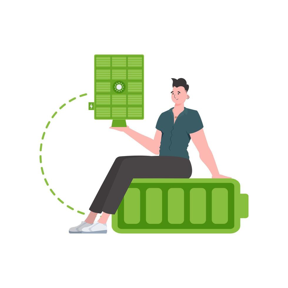 A man sits on a battery and holds a solar panel in his hands. Green energy concept. Isolated. trendy style. illustration. vector
