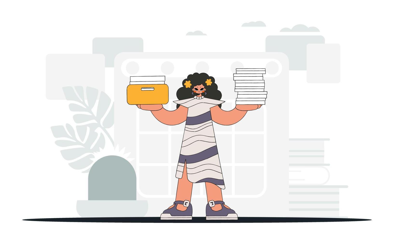 An elegant woman holds a stack of documents in her hands. Graphic illustration on the theme of tax payments. vector