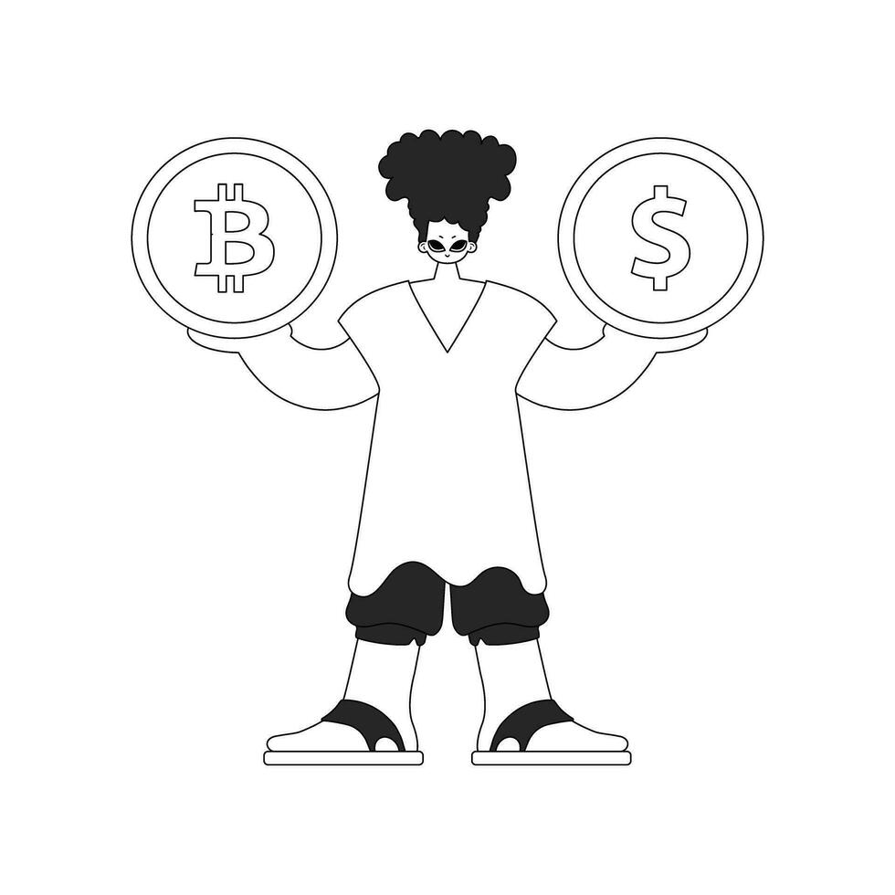 A stunning man is holding a bitcoin and dollar coin. Linear newspaper black and white style. vector