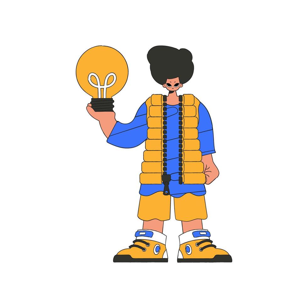 Gorgeous man holding a light bulb. Idea theme. vector