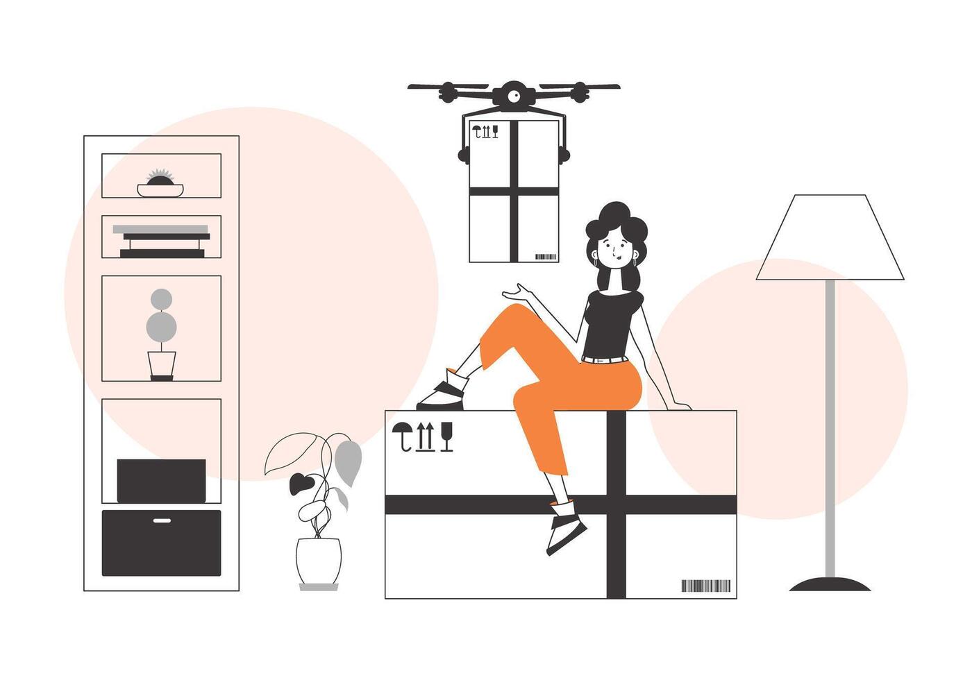 A woman delivers a package with a drone. Air delivery concept. Linear style. vector