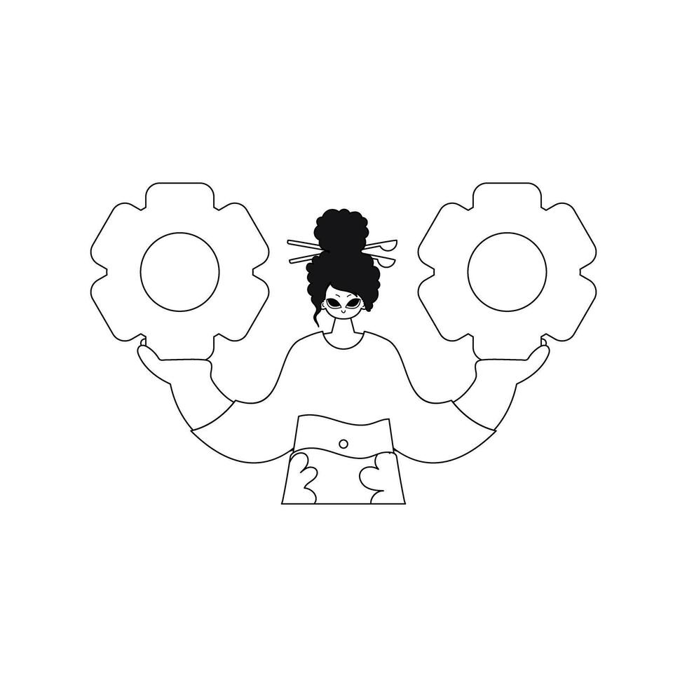 Girl grips cogs in hands. Vector art shows linearstyle.