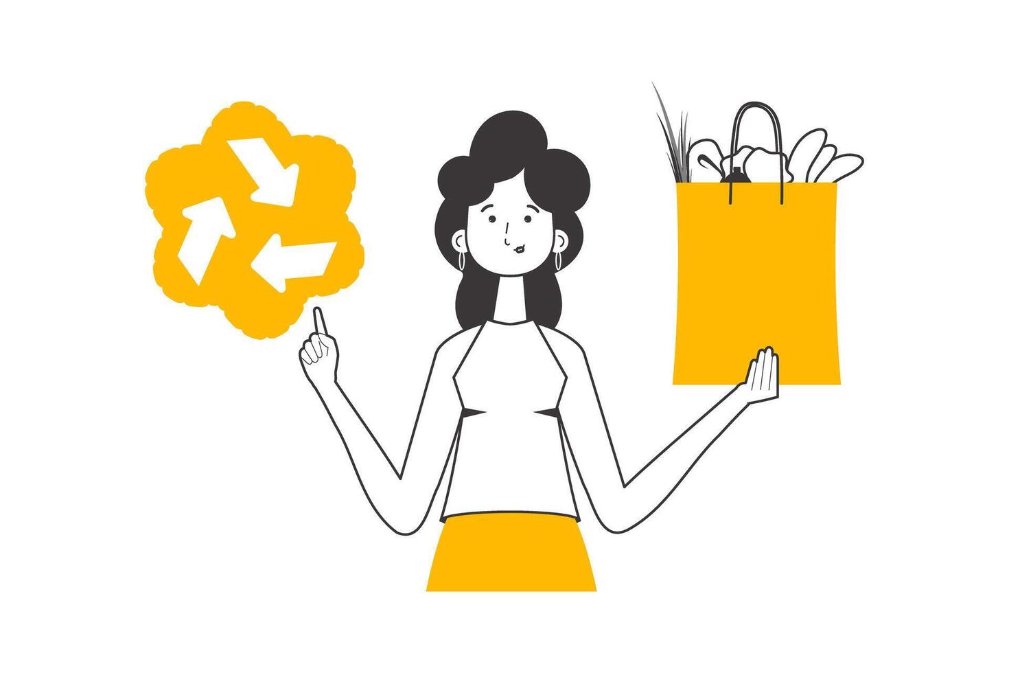 Woman, package with products and eco logo. The concept of reasonable consumption. Linear style. Isolated on white background. illustration. vector