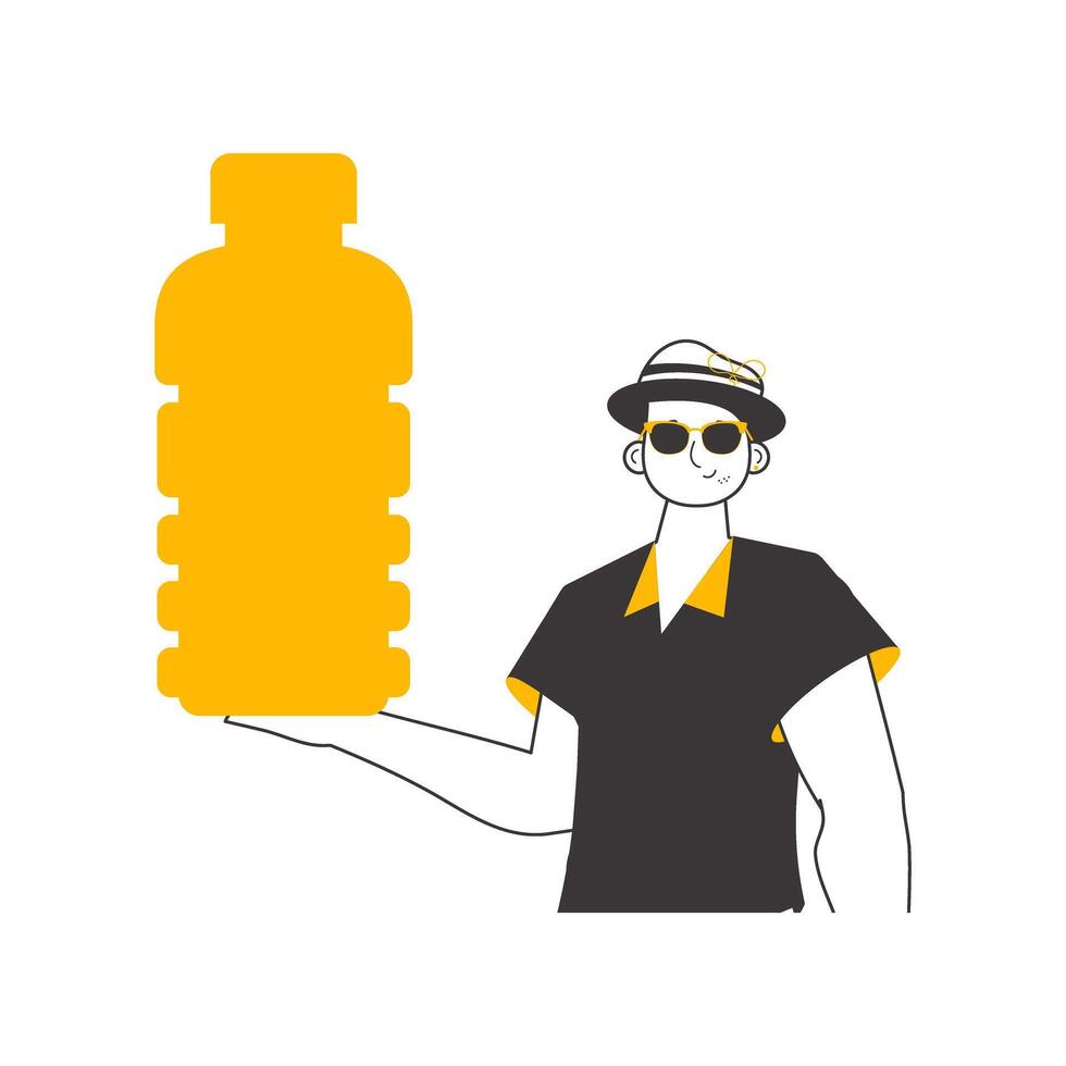 The man is holding a bottle in his hand. Lineart trendy style. Isolated on white background. illustration. vector