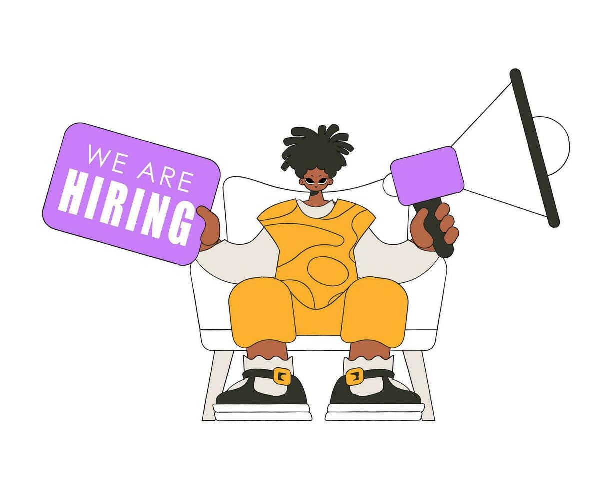 A young man sits in a chair and holds a megaphone in his hand. Good for job search topics. vector