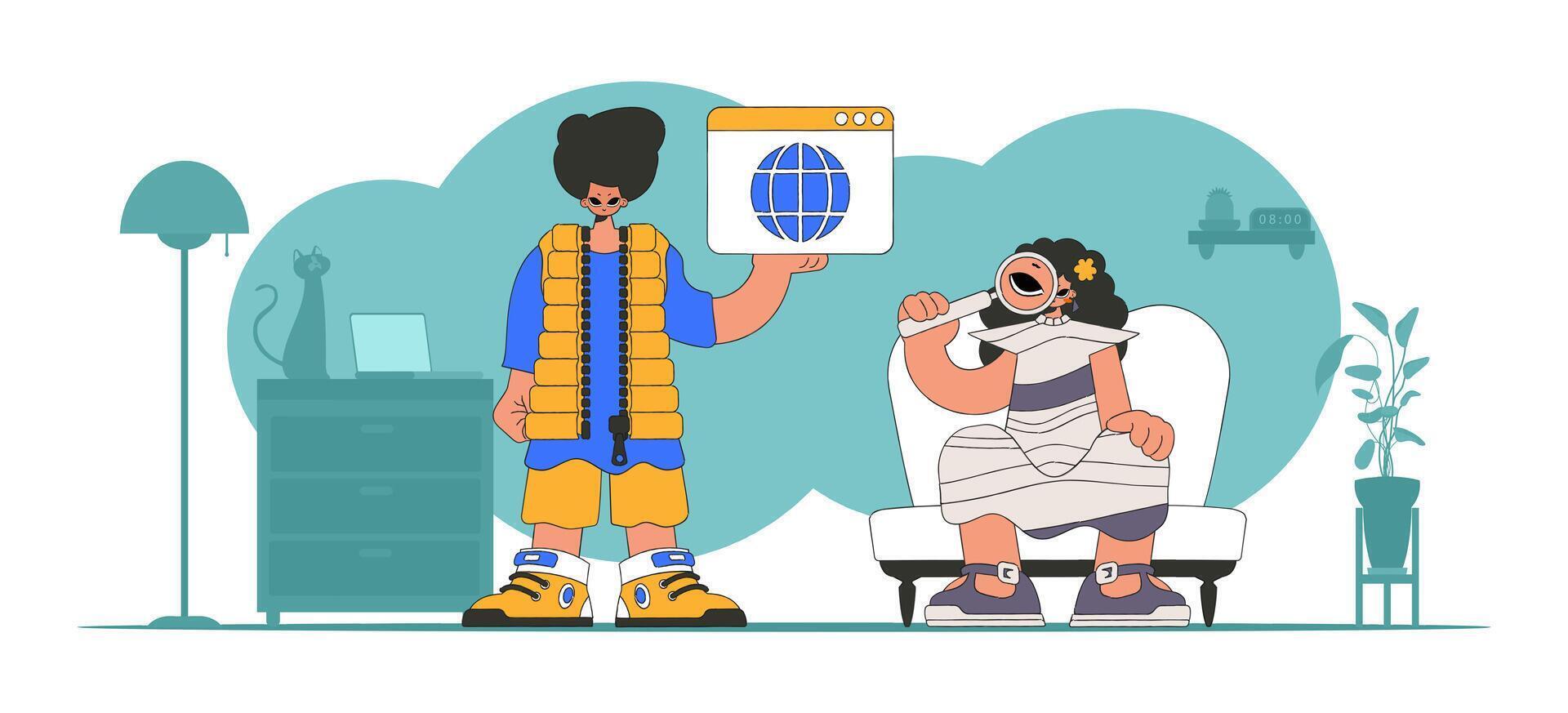 The girl and the guy help to find information on the Internet. Modern character style. vector