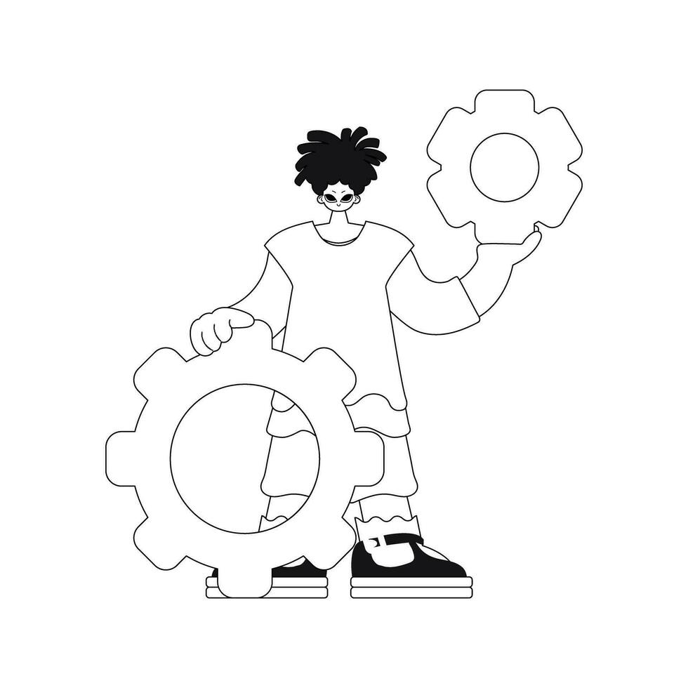 He holds gear shapes in his palms. illustration in linear vector style.