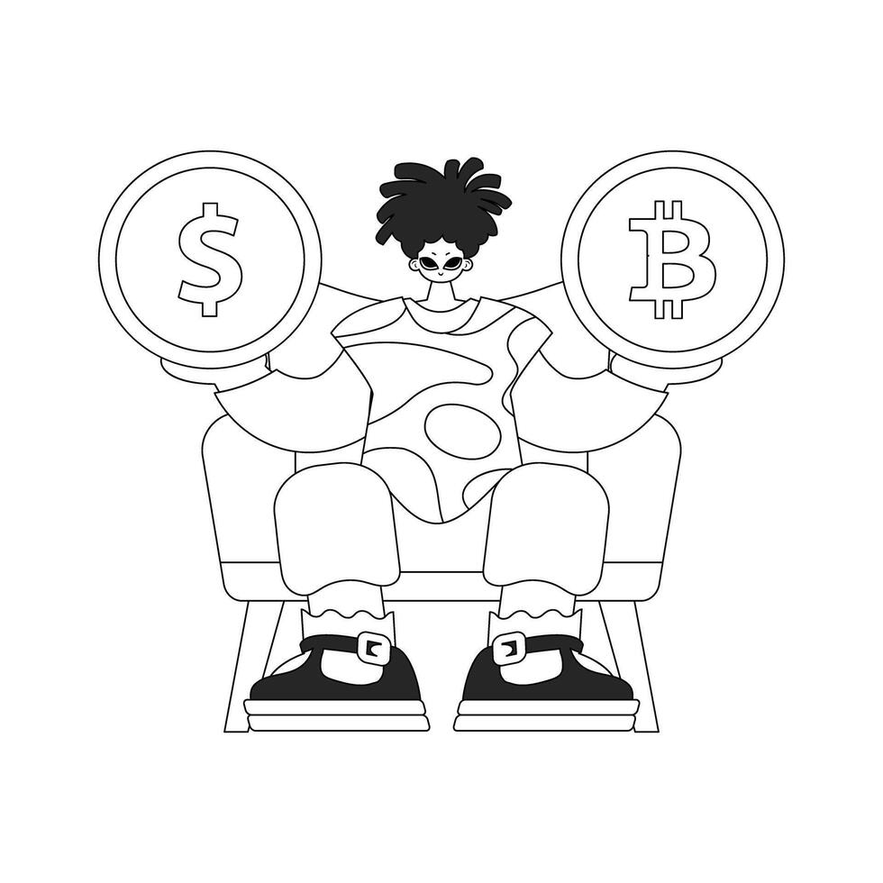 An attractive man holds a bitcoin and dollar coin in his hands. Linear newspaper black and white style. vector