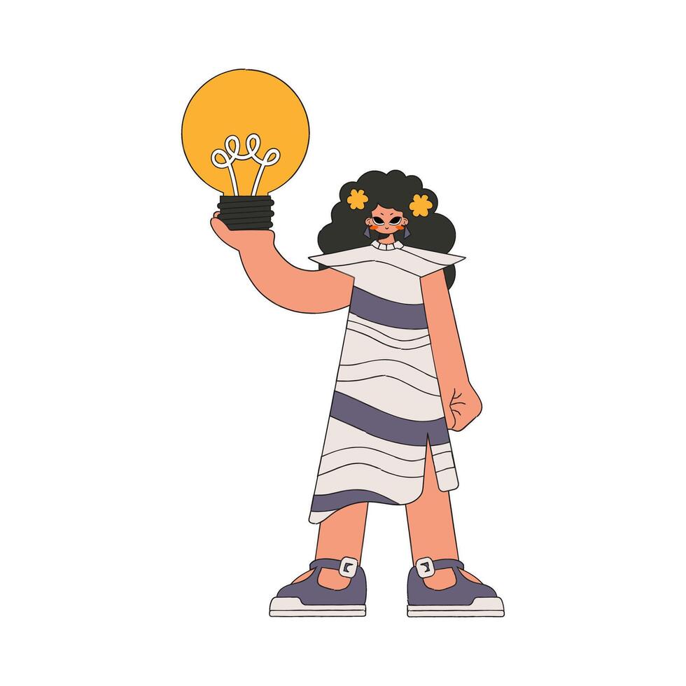 A beautiful woman is holding a light bulb. Idea theme. vector