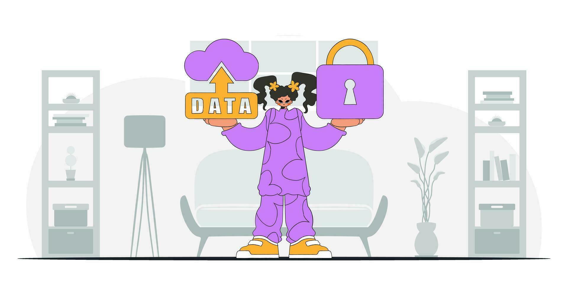 Girl with cloud storage and padlock in modern vector style.