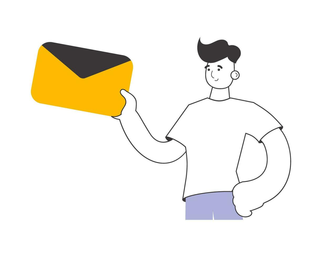 A man holds an envelope or a letter in his hands. Linear trendy style. Isolated. Vector illustration.