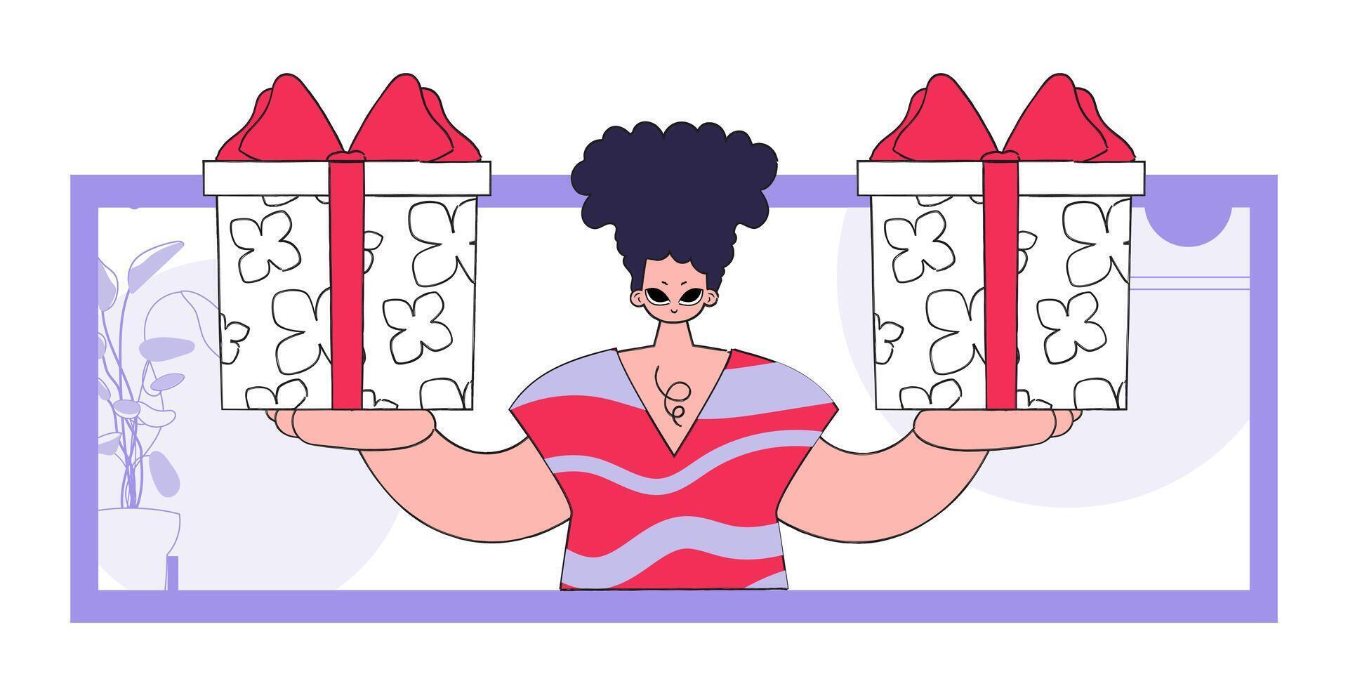 The concept of the holiday and gifts. A man is holding gift boxes. Character in the style of the 80s and 90s. vector