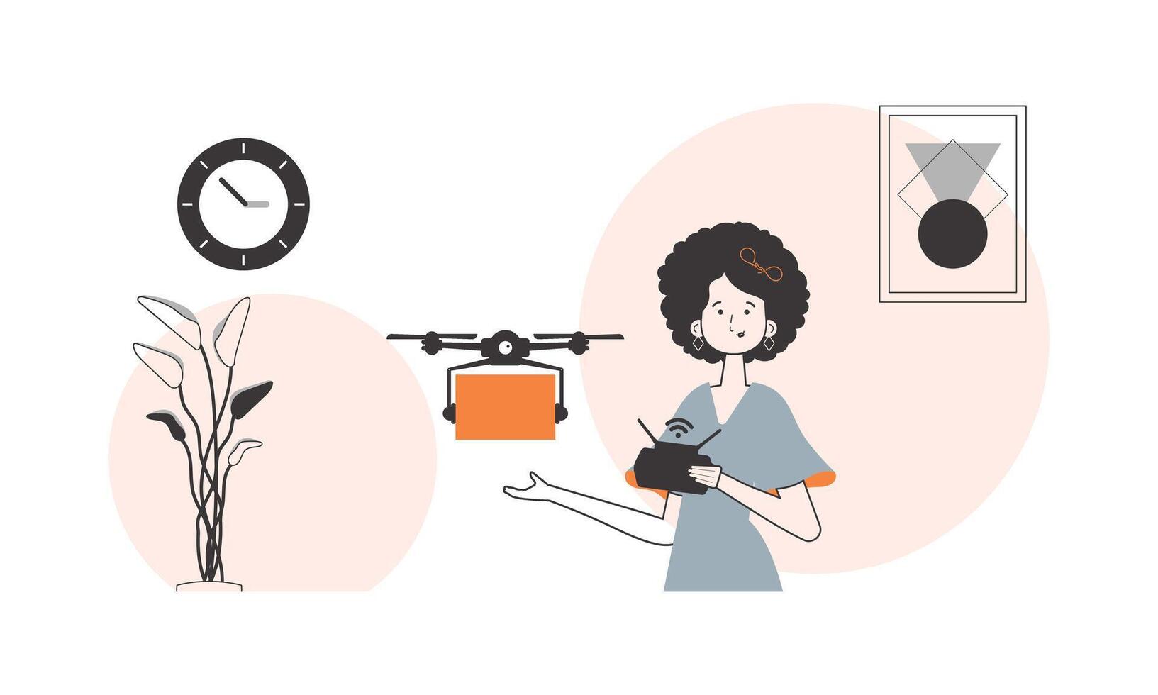 The girl sends a parcel with a drone. Air delivery concept. Linear style. vector