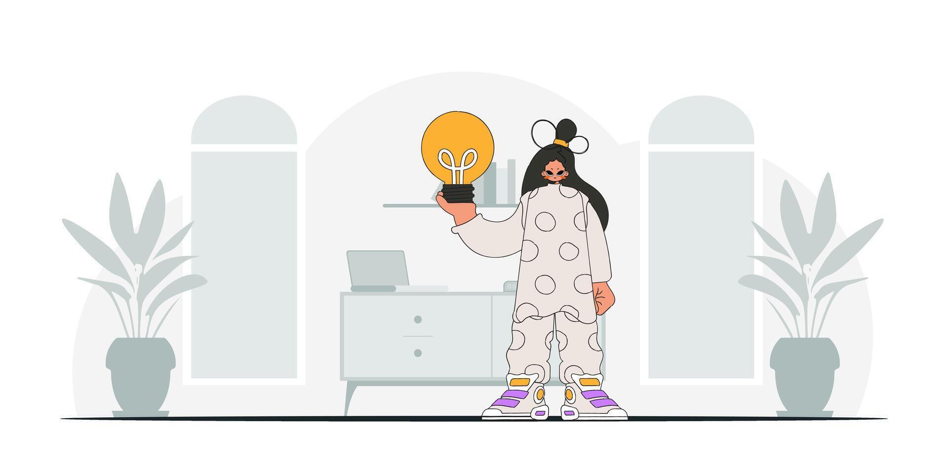 Gorgeous girl is holding a light bulb. Illustration on the theme of the appearance of an idea. vector