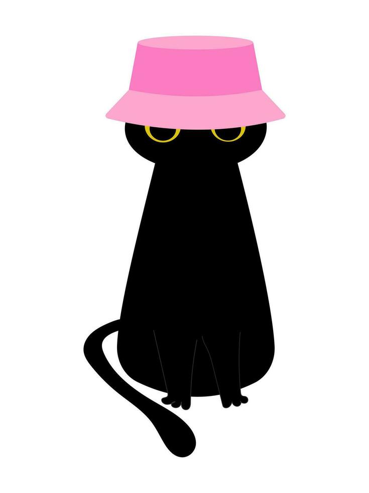 negro linda gato se sienta tranquilamente en un rosado sombrero y aislado en un blanco antecedentes. vector. vector