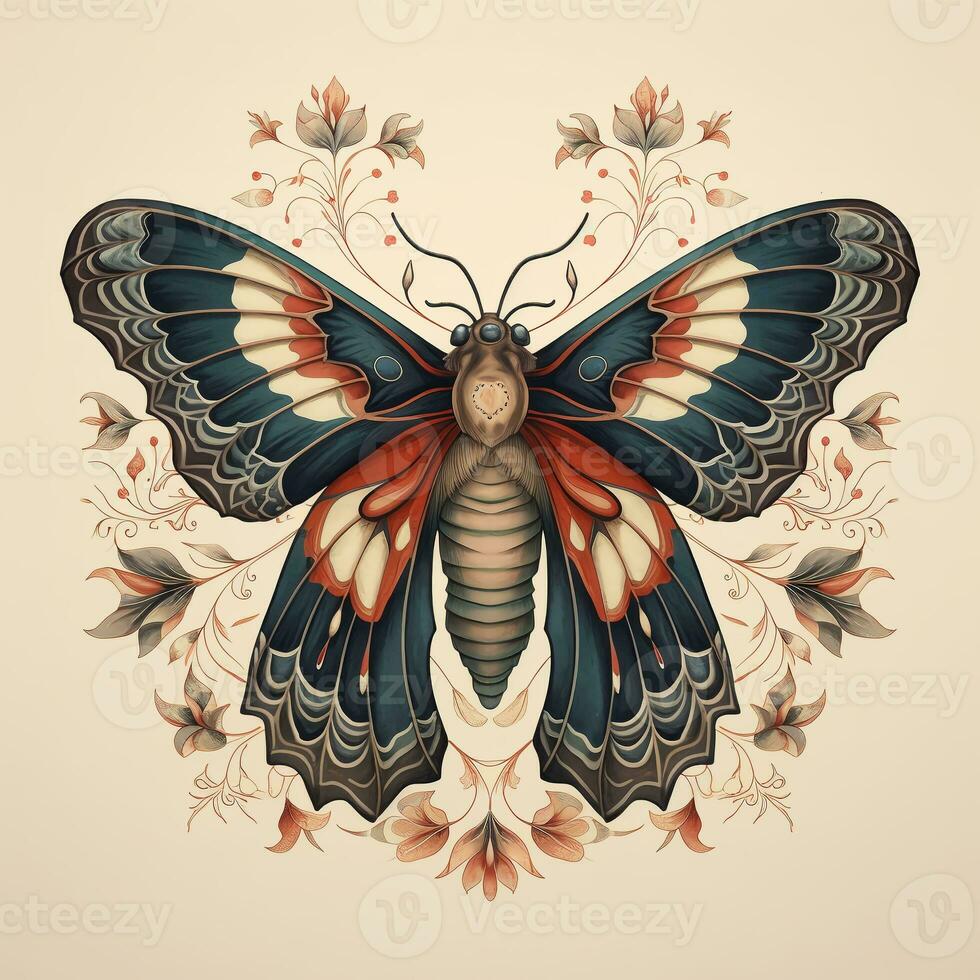 Retro Butterfly. Butterfly clipart. Vintage painting, retro clipart demonstration with butterfly. photo