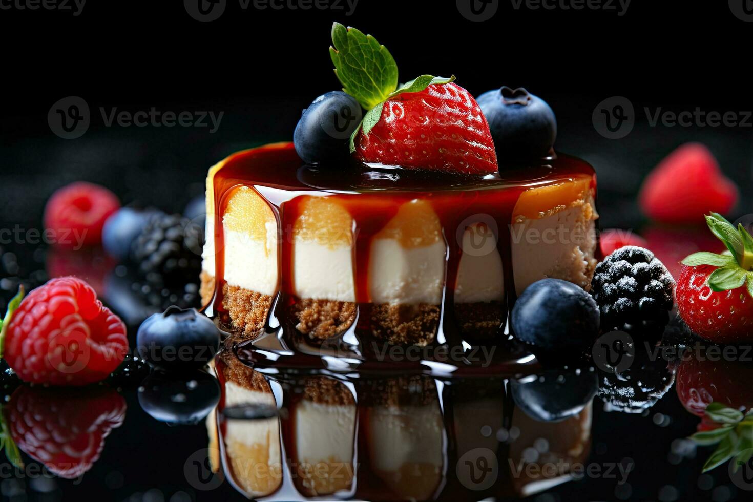 Amazing raspberry Cheese cake, dripping chocolate, Generative AI photo