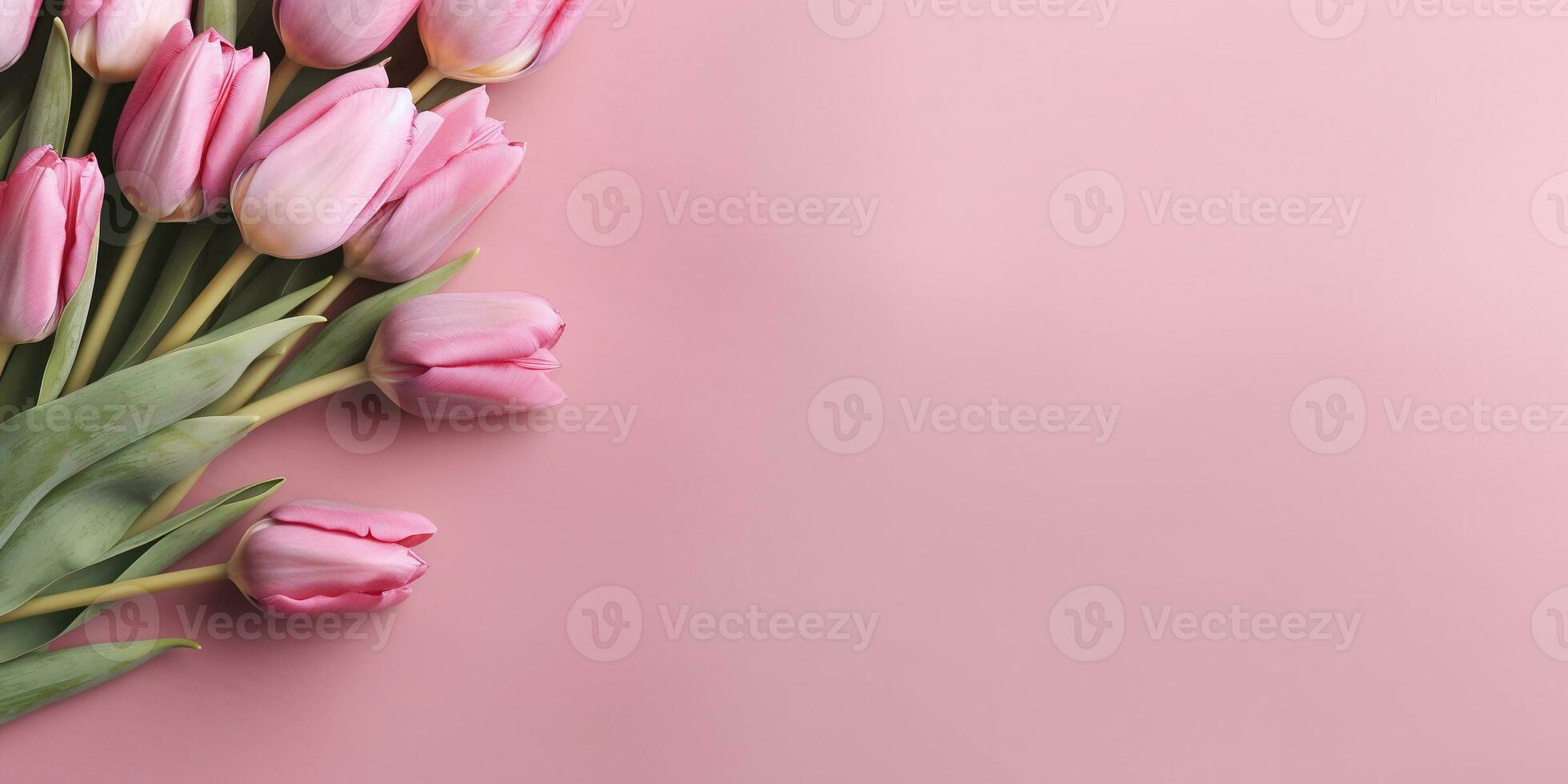 Spring tulip flowers on pink background top view in flat lay style. Greeting for Womens or Mothers Day or Spring Sale Banner mock up with copy space, Generated with AI photo