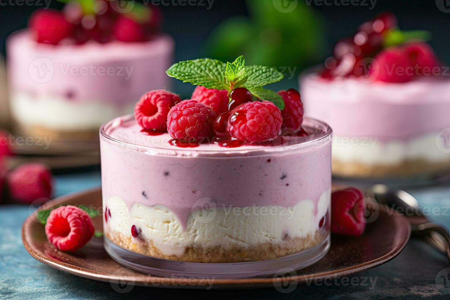 Slice of raspberry cheesecake on a plate, AI Generated photo