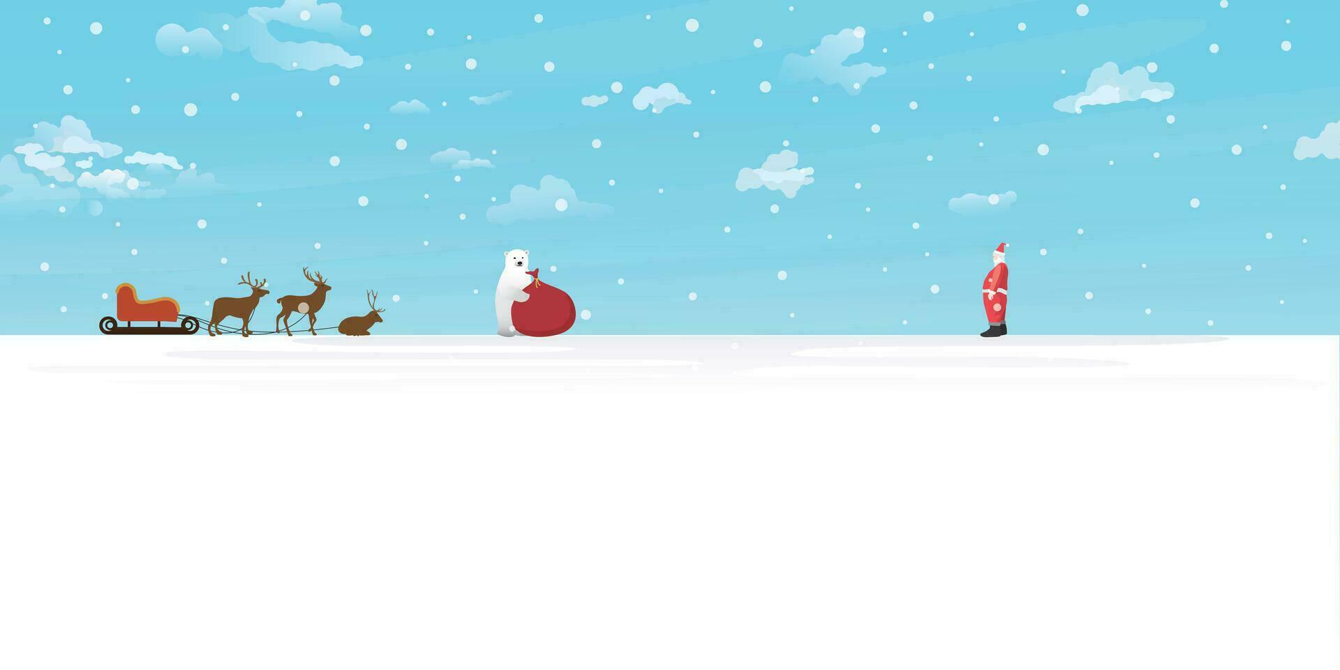 Santa Clause wanted his gifts bag back from naughty polar bear flat design vector illustration. Merry Christmas and Happy New Year greeting card template have blank space.