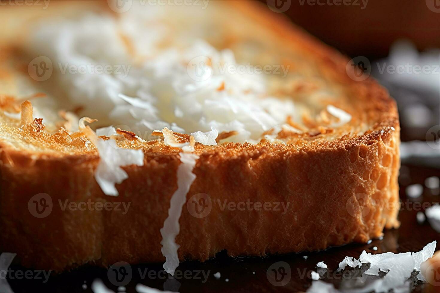 Coco tostada, macro Disparo de un Fresco desayuno con goteo Miel, ai generado foto