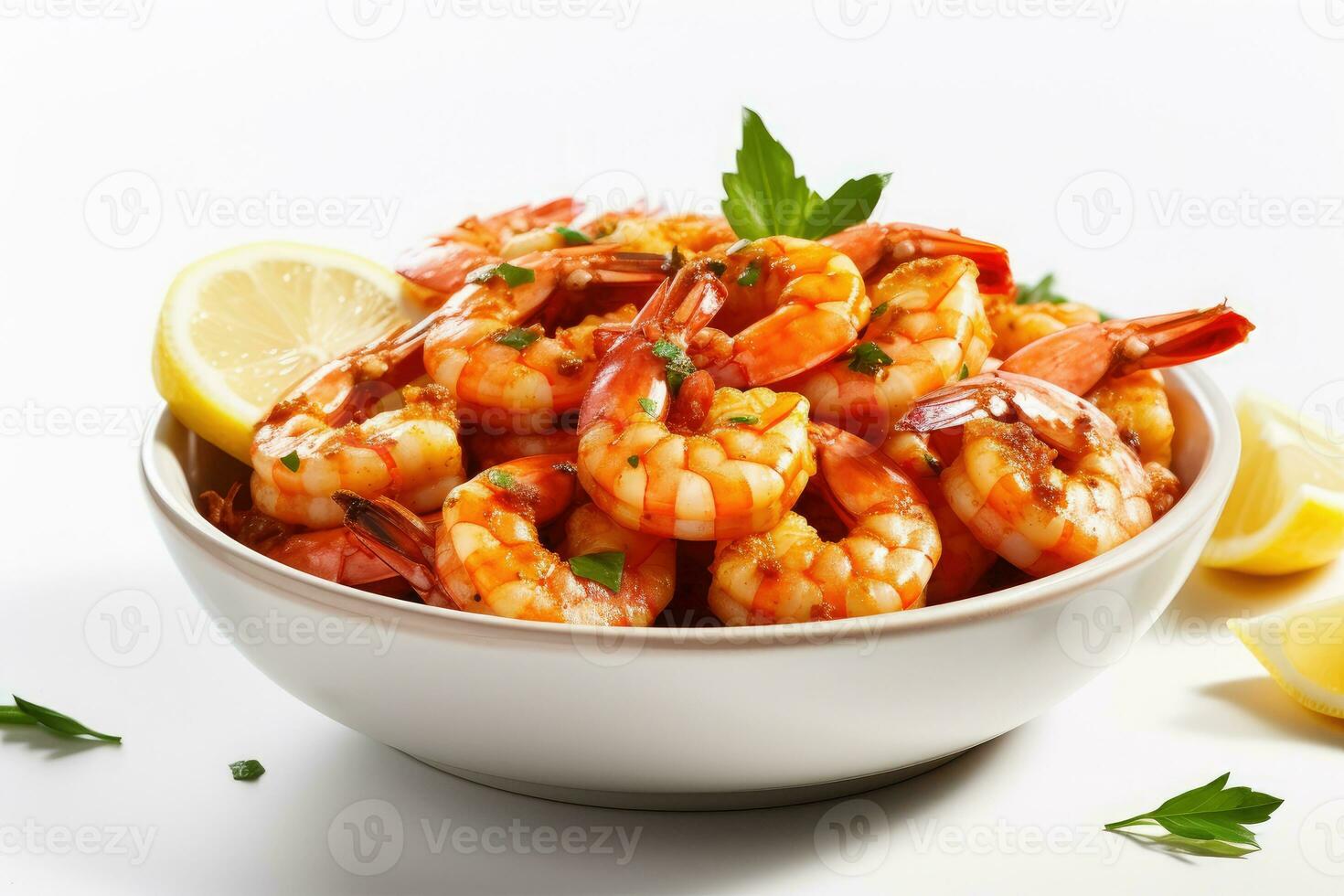 Plate of shrimp with lemon wedges on the side , Generative AI photo