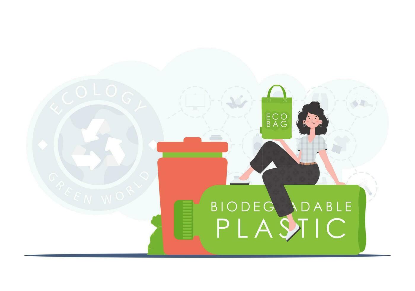 The concept of ecology and care for the environment. A woman sits on a bottle made of biodegradable plastic and holds an ECO BAG in her hands. Fashion trend illustration in Vector. vector