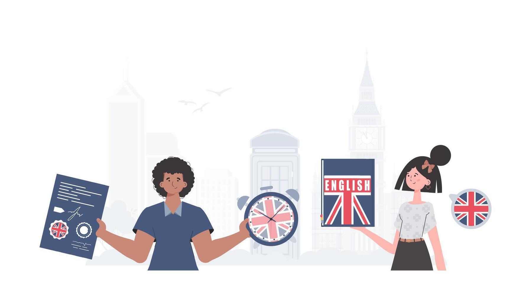 The concept of learning English. English language team. Trendy flat style. Vector illustration.
