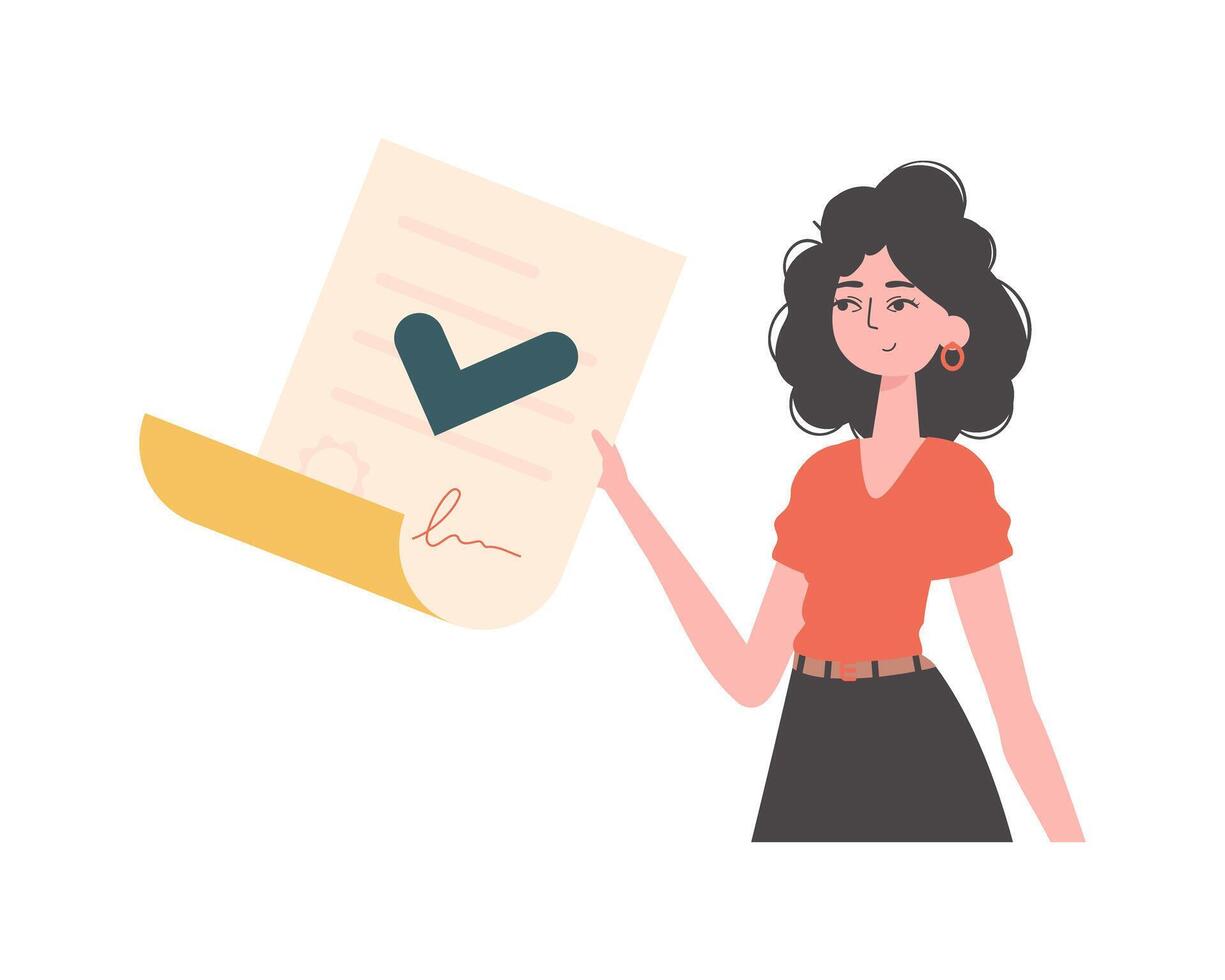 The girl is holding a document. Smart contract. Data protection. Modern trendy style. vector