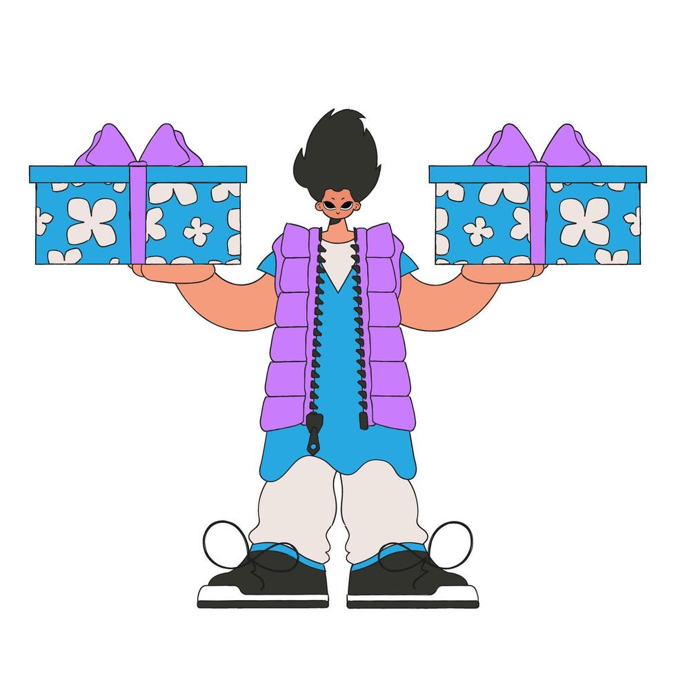 The guy is holding gifts. The concept of the holiday and gifts. Bright character in the style of the 90s. vector