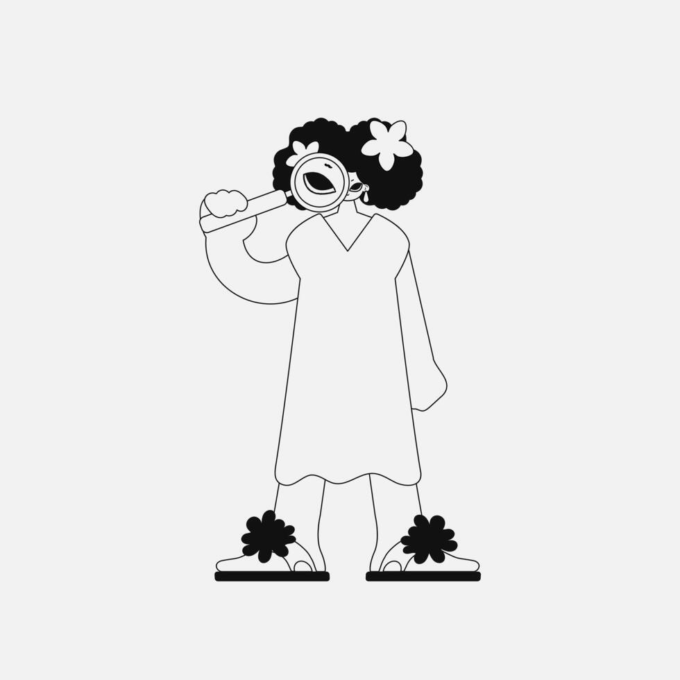 Inspirational woman holding a magnifying glass, loupe. Linear black and white style. vector