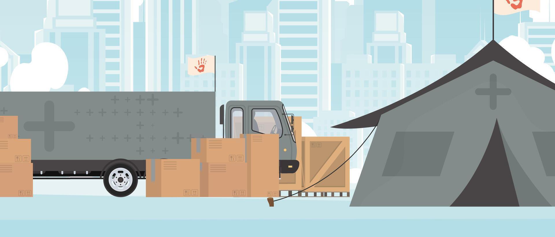 Camp for humanitarian aid. Tents and Cargo for the needy. illustration. vector